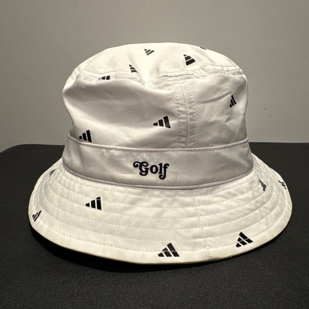 Adidas Bucket Hat Cap White Polyester Golf Logo Print Summer Casual Preppy OS